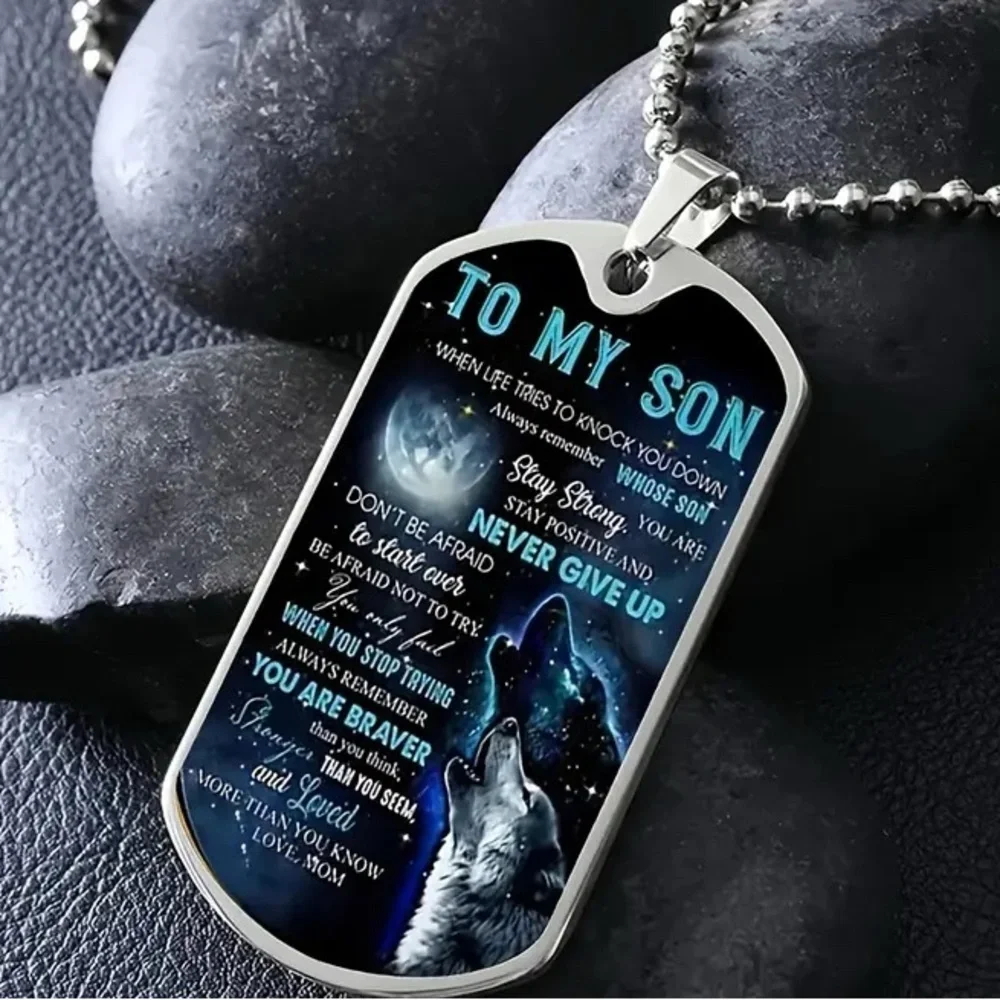 Inspirational Wolf Dog Tag Necklace - Mom to Son - Never Give Up!